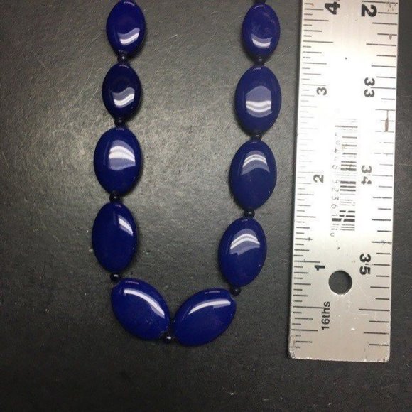 Long Graduated Oval Necklace Navy Blue Silver Hook Smooth Retro Classic - Picture 6 of 7